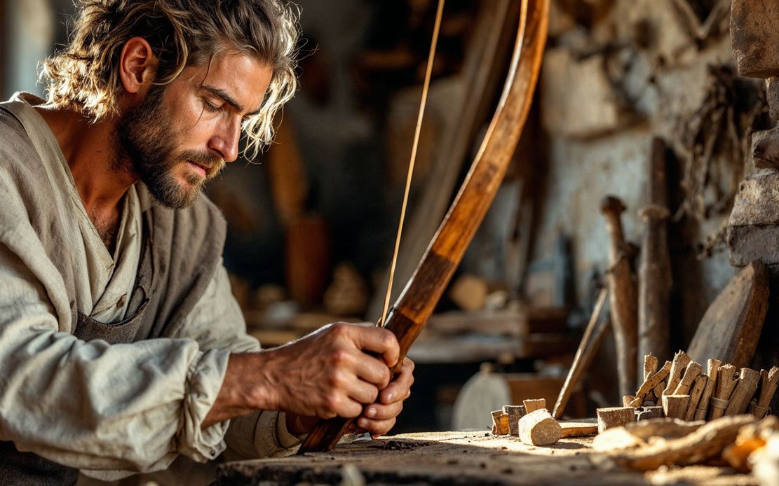 Skilled bow maker crafting a bow at his work table ancient bow making