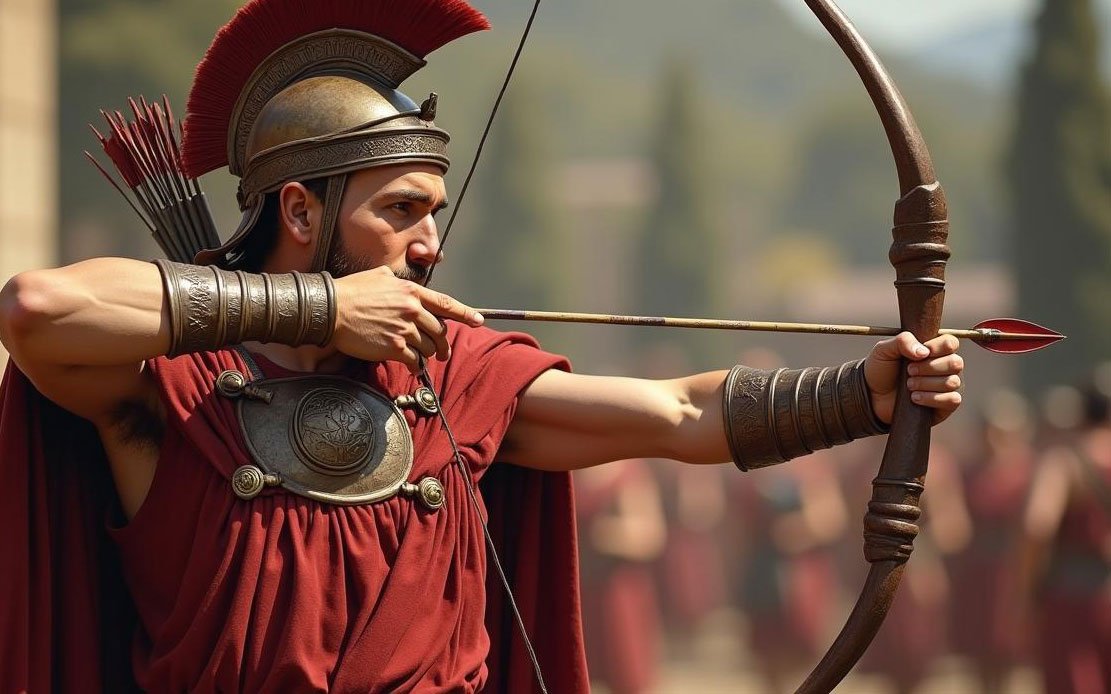 Roman archer demonstrating archery techniques with composite bow ancient bow making Roman archer firing arrows