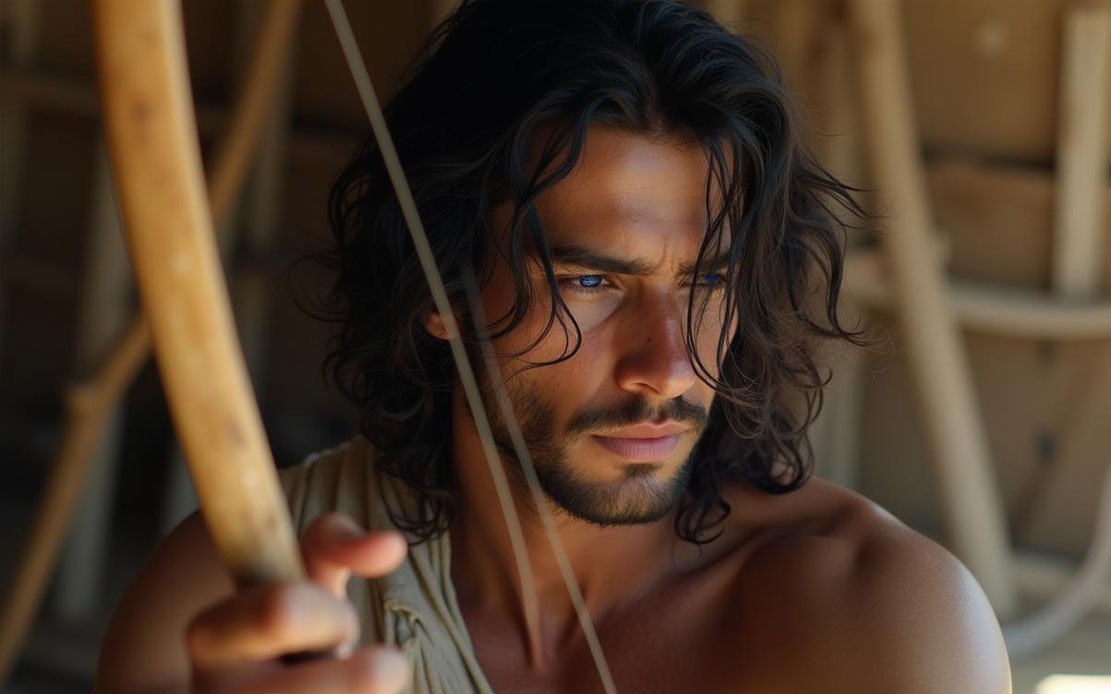 Young bowyer fine-tuning a bow for accuracy in ancient bow making ancient bow making young bowyer adjusting bow