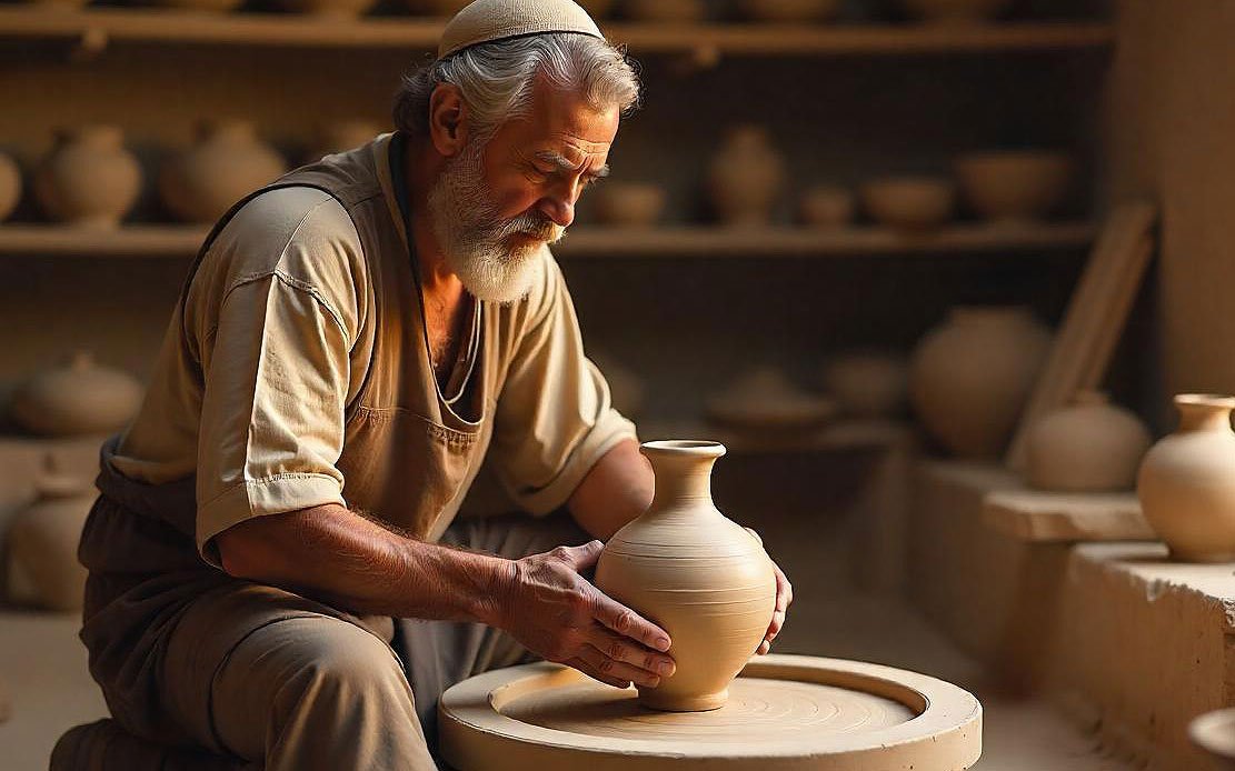 Ancient pottery making by an old Hebrew potter on a spinning wheel ancient pottery making