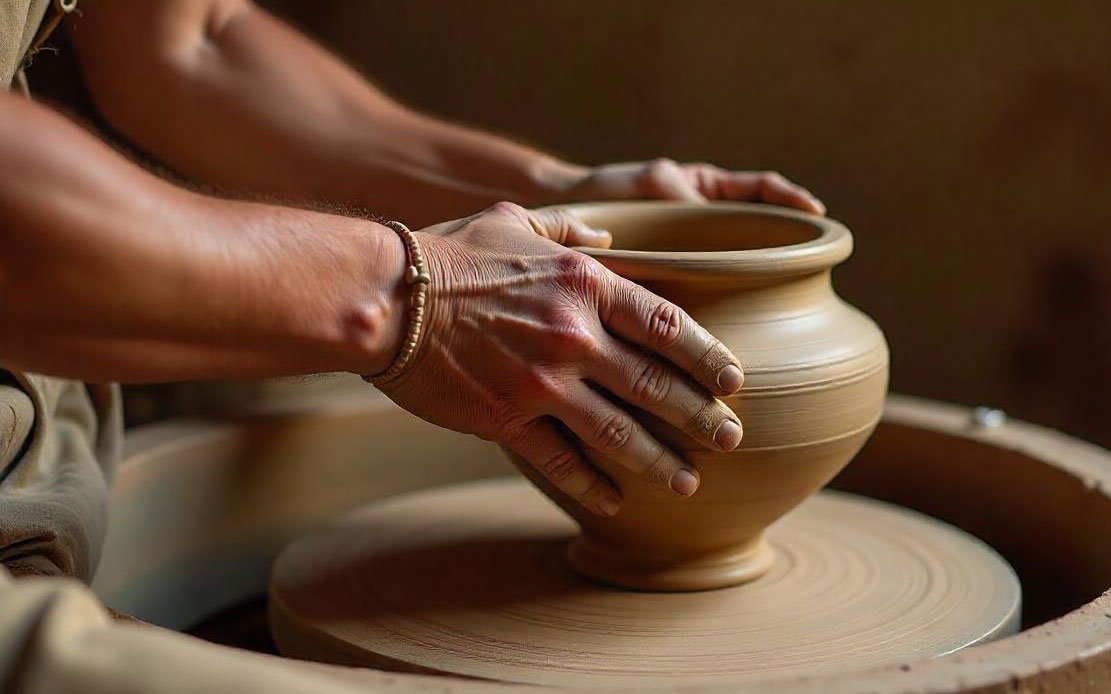Hands shaping a wide-mouth clay vessel in ancient pottery making ancient pottery making hands shaping clay vessel