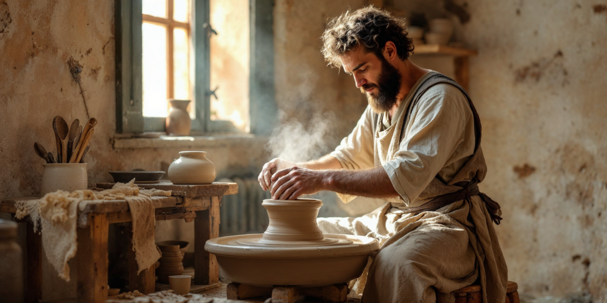 Hands forming clay on a potter's wheel biblical character journeys